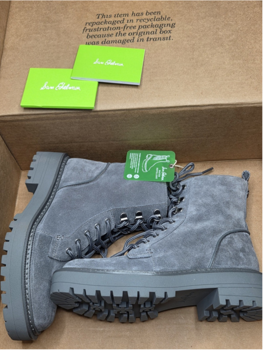 Sam Edelman Lue Combat Boots Women's Size 6 River Rock Gray Suede Waterproof
